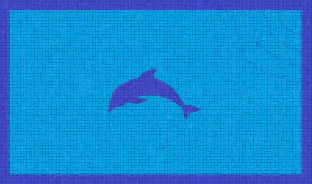 Ilustraci&oacute;n de fondo de piscina de color celeste, escaleras en una esquina y un delf&iacute;n de color azul en el centro con efecto de agua y textura de gresite