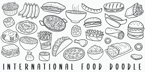 International Famous Food Doodle Line Art Illustration. Hand Drawn Vector Clip Art. Banner Set Logos.