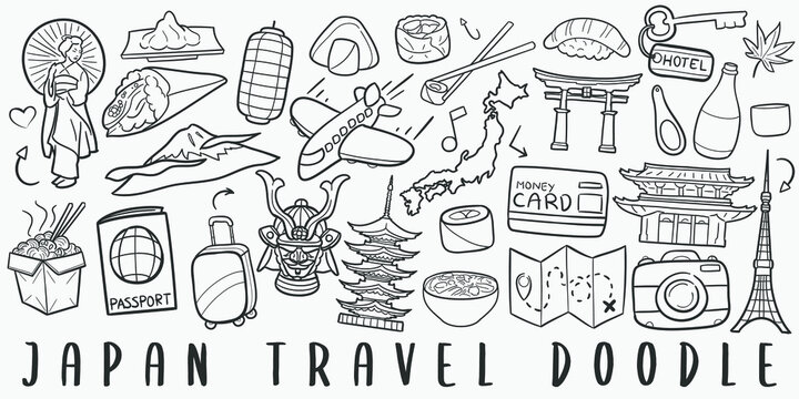 Japan Travel Doodle Line Art Illustration. Hand Drawn Vector Clip Art. Banner Set Logos.