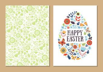 Spring holiday card set. Stylized Easter egg shape isolated on white. Patterned background. For greeting, invitation, poster, flyer. Gentle happy vector with flowers, leaves and butterflies.