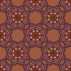 Decorative seamless pattern in ethnic style with geometric shapes and colorful lines. Abstract background for textile, wallpapers, gift wrapping, pillow, templates, shawl. Vector.