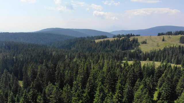 Rogla Slovenia resort forest grounds during the spring season on sunny day, Aerial flyover shot