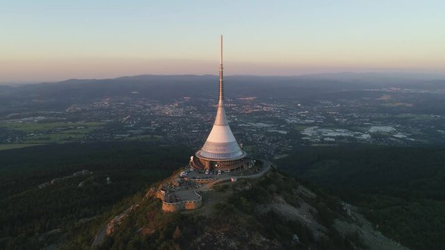 Aerial view Jested tower hotel in Liberec, Czech Republic - flying drone shot