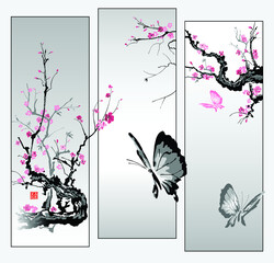 Butterflies flutter among the branches of sakura. Seal with hieroglyphs - Beauty in nature. Modular illustration in oriental style. Vector.