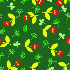 Decorative plant pattern in Doodle style with red tulips. Children's pattern for textiles, clothing and paper, wallpaper, wrappers.