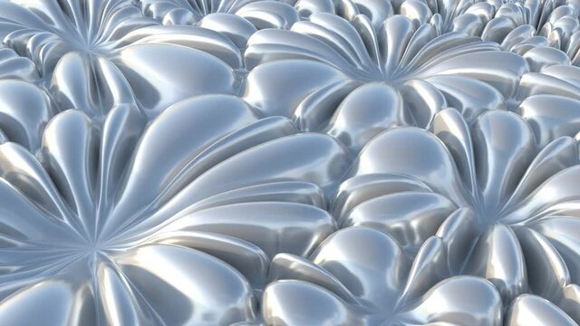 Abstract mercury liquid flowers wall. Blooming chrome looping animation background. 