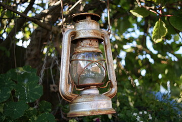 Vintage paraffin lamp Meva 863 hanging in a tree