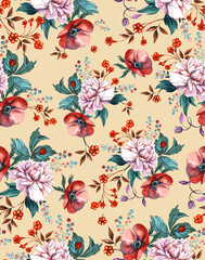 Watercolor floral pattern with flowers of peonies, violet, berries, daisies and with a beige background.