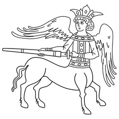  Fantastic old Russian winged centaur Kitovras with a sword. Based on ancient folk motif. Black and white linear silhouette. - obrazy, fototapety, plakaty