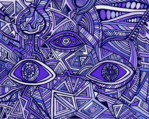 Fantastic bizarre shamanic eyes of crazy patterns. Surreal doodle stylish card