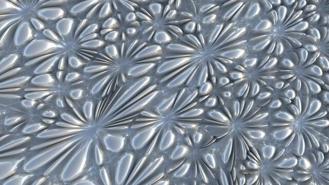 Abstract mercury liquid flowers wall. Blooming chrome looping animation background. 