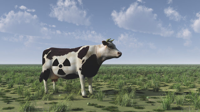 Cow with radiation sign stands on green field