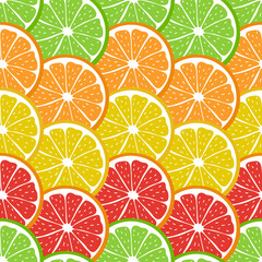 Colorful seamless pattern with sliced pieces of citrus fruit. The bright backdrop of tropical fruits. Stock vector illustration. Great for creative designs of backgrounds, cards, print, textile, menu.