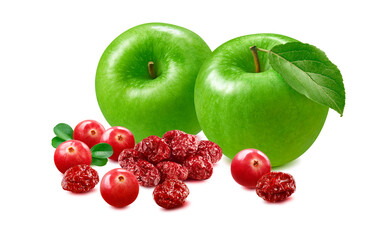 Green apples, fresh and dry cranberries isolated on white background