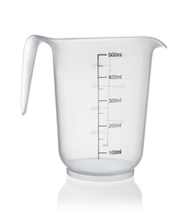 Measuring plastic cup isolated on white.