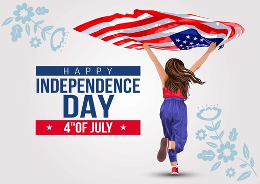 United States of America Happy Independence Day greeting card.girl running with American flag.vector illustration.