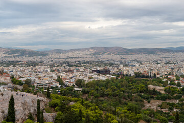 Fototapeta na wymiar Areopagus Hill and Temple of Hefesto City of Athens, Greece view from sky, Bird Eye view, drone shot