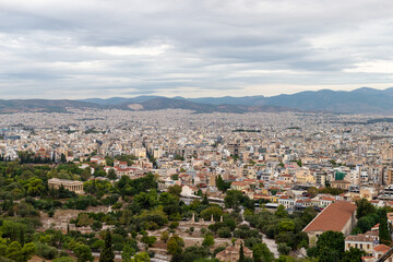 Fototapeta na wymiar Temple of Hefesto and Stoa of Attalos City of Athens, Greece view from sky, Bird Eye view, drone shot