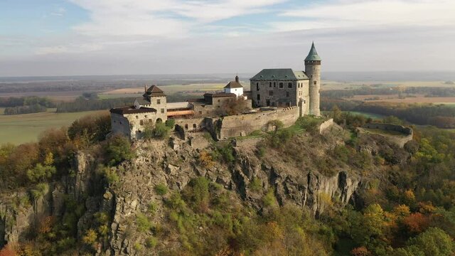 View from drone of Czech medieval Kunetice Mountain Castle