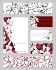 Templates text frame with pink flowers. Bright spring ornament for banners, business cards, advertising.