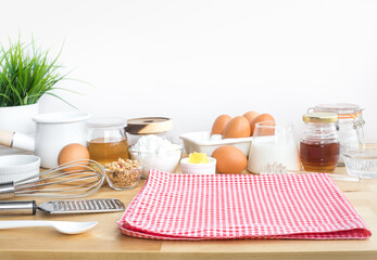 Selective focus.Cooking breakfast food or bakery with ingredient and copy space of tablecloth