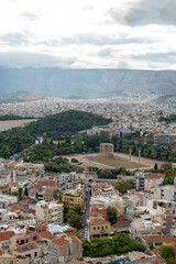 Fototapeta na wymiar Temple of Olimpia God Zeus (Stili Olimpiou Dios) City of Athens and Arc of Adriano, Greece view from sky, Bird Eye view, drone shot