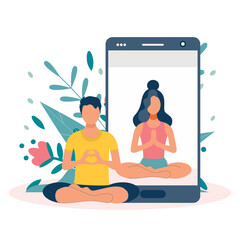 Online yoga concept with mobile. Screen with girl in yoga lotus practices meditation. Vector illustration in flat style