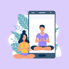 Online yoga concept with mobile. Screen with girl in yoga lotus practices meditation. Vector illustration in flat style