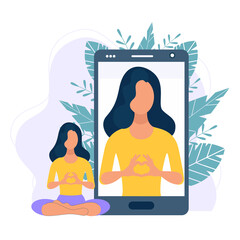 Obraz na płótnie Canvas Online yoga concept with mobile. Screen with girl in yoga lotus practices meditation. Vector illustration in flat style