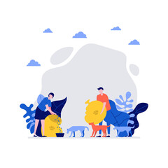 Volunteers at work. Happy young couple, man and woman feeding together. Concept of tacking care about animals and volunteering. Flat cartoon character design for web landing page, banner