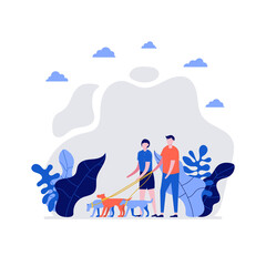 Volunteers at work. Happy young couple, man and woman walking with dog together. Concept of tacking care about animals and volunteering. Flat cartoon character design for web landing page, banner