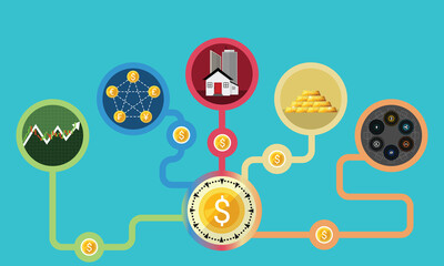 Business financial growth concept of diversification. Do not put all savings money in one basket. Allocating in 5 sources. Vector of stock market, forex, real estate, gold & cryptocurrency investments