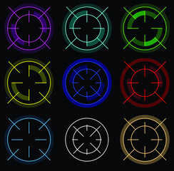 A set of goal and aim icons, colorful and glowing digital targets on a black background, vector illustration