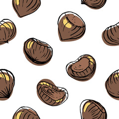 Chestnut seamless pattern in sketchy style on white background. Colorful pencil line sketch of fruits and berries. Hand drawn vector illustration