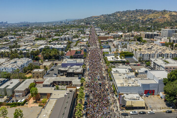 Aerial shot of a massive crowds of people on Sunset Boulevard during Black Lives Matter protests in Los Angeles USA