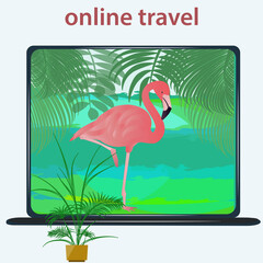 Online travel - pink flamingo on the screen, tropics - vector. Application interface for visual service. World with Virtual Traveling From Home