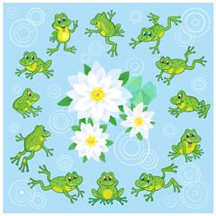 A group of funny cute frogs are jumping around beautiful white lilies. In cartoon style. On a light blue background. Vector illustration.