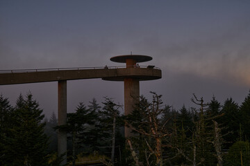 Foggy sunset through forest in Great Smoky Mountains National Park, Clingmans Dome, Tennessee, USA