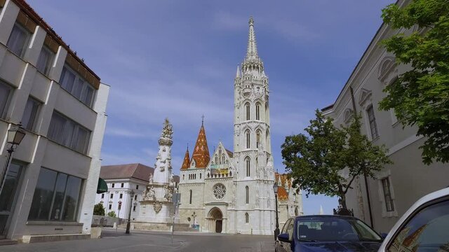 Matthias Church (Church of the Assumption of the Buda Castle) in Budapest Hungary, Europe during pandemic Covid-19. 4k Hand held