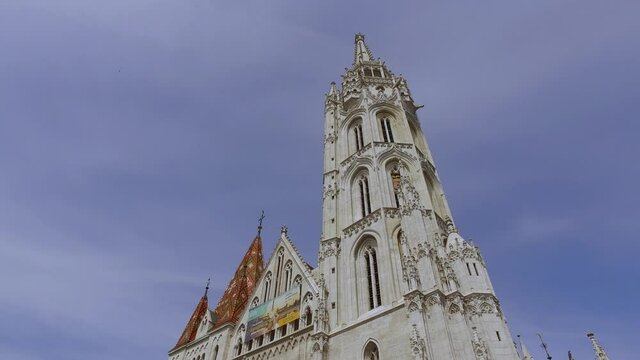 Matthias Church (Church of the Assumption of the Buda Castle) in Budapest Hungary, Europe during pandemic Covid-19. 4k Hand held