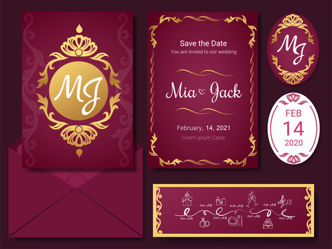 A Wedding Invitation Set Featuring An Outline Gold Floral On Pink Background Design.