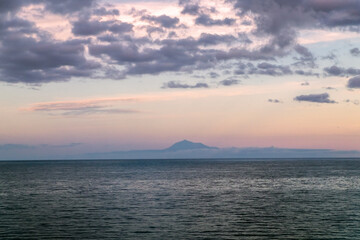 View of the Teide volcano on the island of Tenerife from the island of La Palma from the capital of the island of Santa Cruz de La Palma. Canary Islands