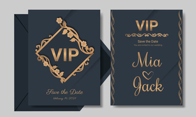 Elegant gold floral wedding invitation layout Cards, on Gray color background design