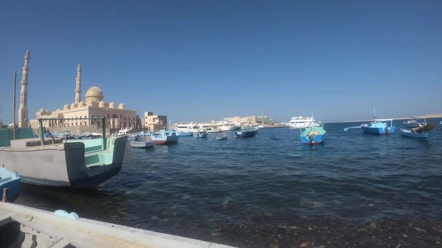 View of the beautiful mosque in Hurghada in Egypt by the marina on the Red Sea
