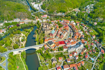 Panoramic view on a small Czech town around Locket castle and river Ohri, near Karlovy Vary, Czech...