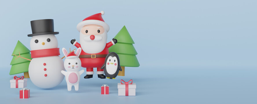 Christmas banner with cute Santa clause , snowman , penguin and rabbit . 3d rendering 