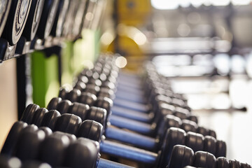 Rows of dumbbells in a fitness club on the background of gym.