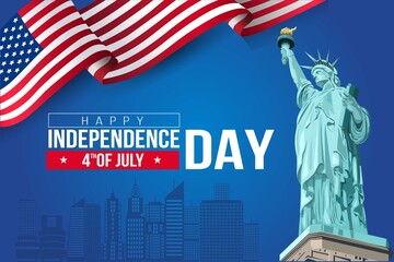 USA Happy Independence Day 4th of July. Flyer, banner, poster, greeting card. Template with flag and statue of liberty on blue background. Vetcor illustration