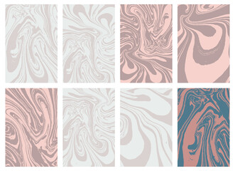 Set of trendy pastel color marble paper. Puzzle marbleized effect. Ancient oriental drawing technique. Swirls ripples and waves. Vector.