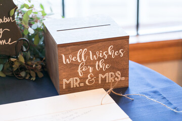 box for cards and gift items at wedding reception